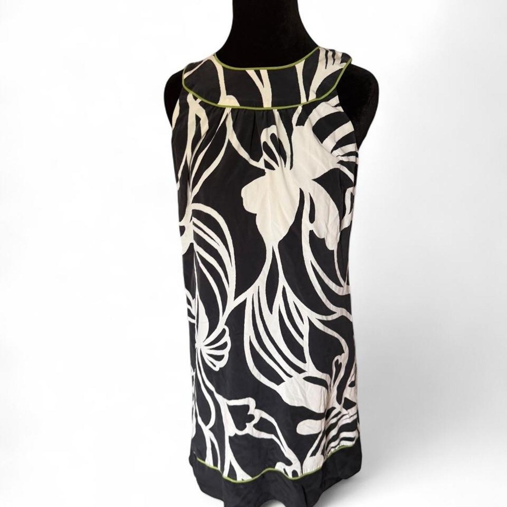 Vintage Ann Taylor 100% Silk Black White Floral Shift Dress Green Trim Size 4